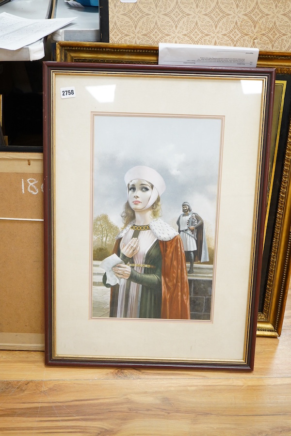 Contemporary School, Medieval maiden before a knight, unsigned, gouache, 46 x 27cm